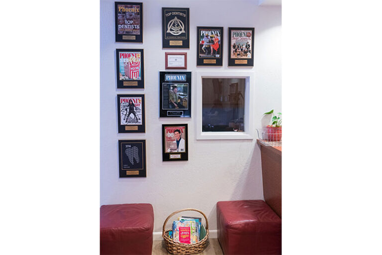 Wall of orthodontic awards and Phoenix Magazine Top Dentist recognitions at SS Orthodontics in Glendale, AZ
